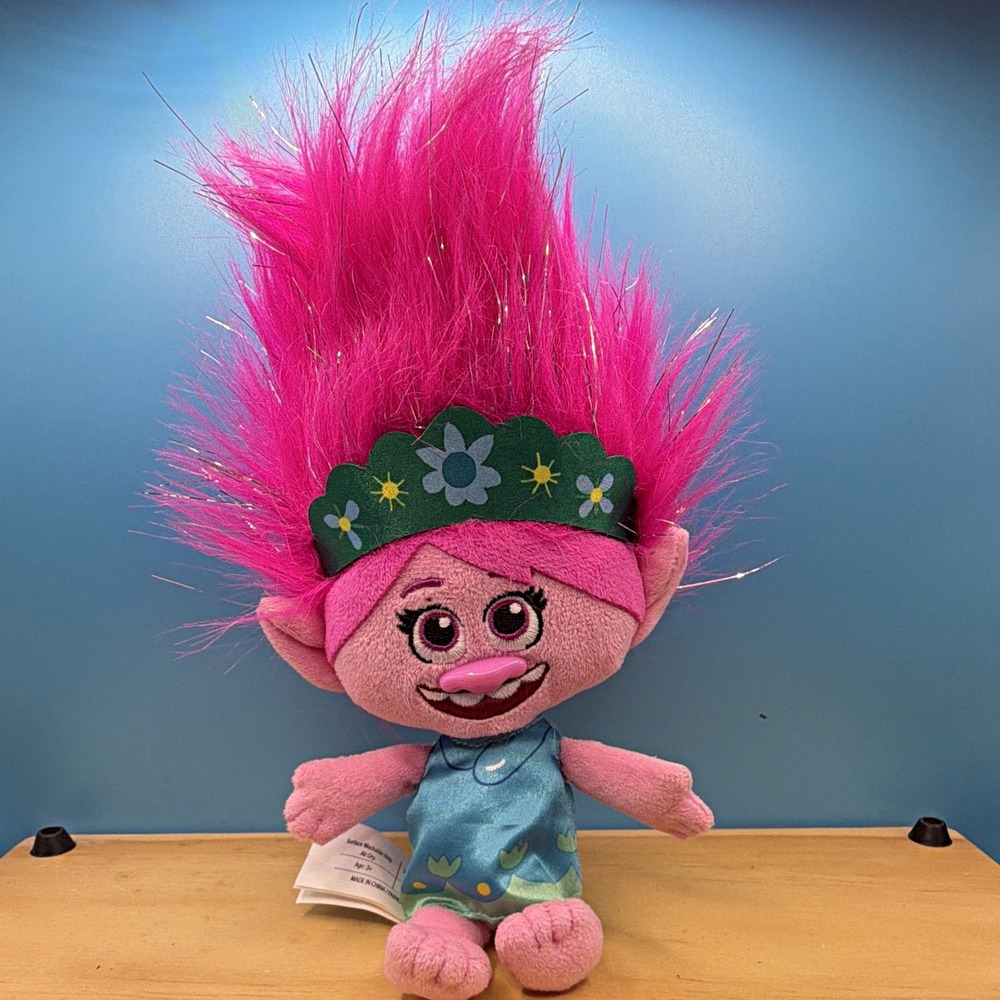 DreamWorks Trolls World Tour Poppy Plush Toy Pink Hair Blue Dress 2020 3369RH01